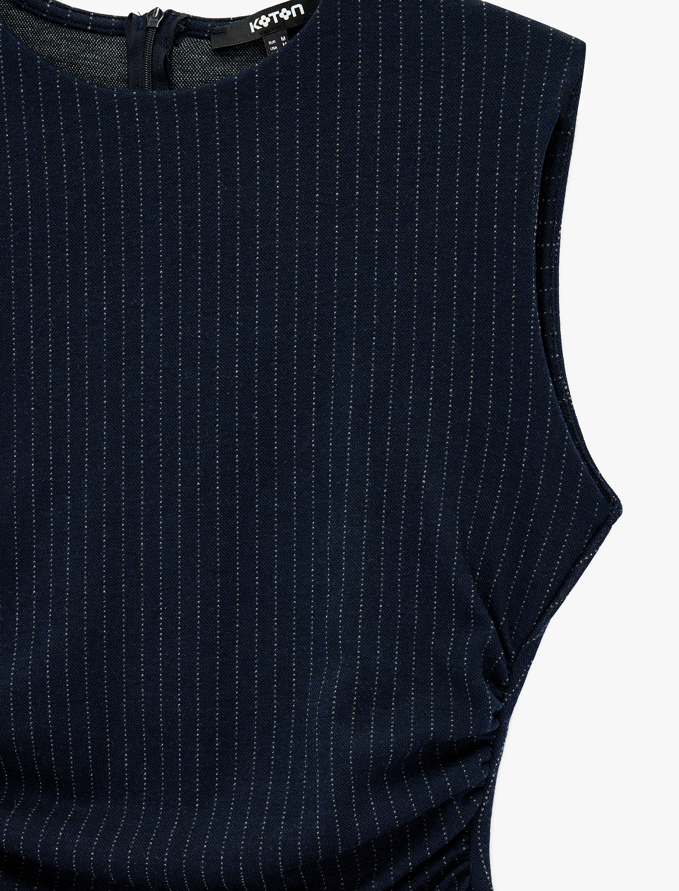   Slim Fit Büzgülü Bisiklet Yaka Kolsuz Çizgili Mini Elbise