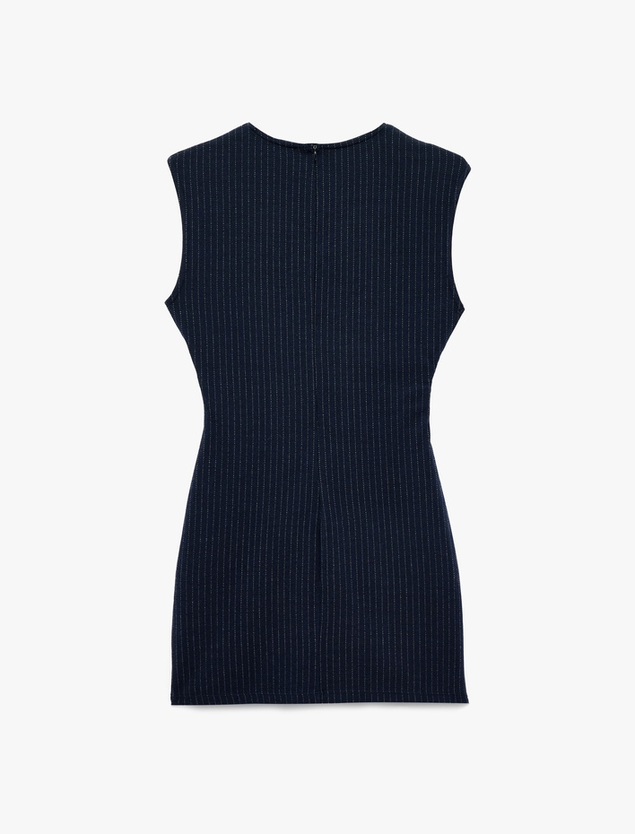  Slim Fit Büzgülü Bisiklet Yaka Kolsuz Çizgili Mini Elbise