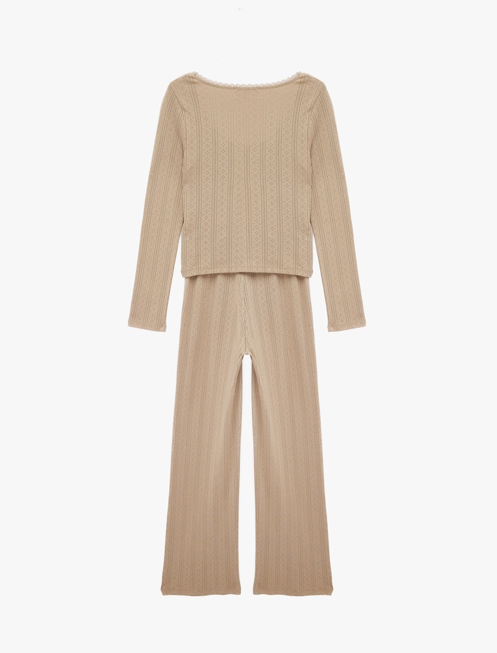  Pamuklu U Yaka Fiyonk Detaylı Uzun Kollu Pijama Takımı