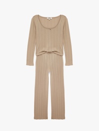Pamuklu U Yaka Fiyonk Detaylı Uzun Kollu Pijama Takımı