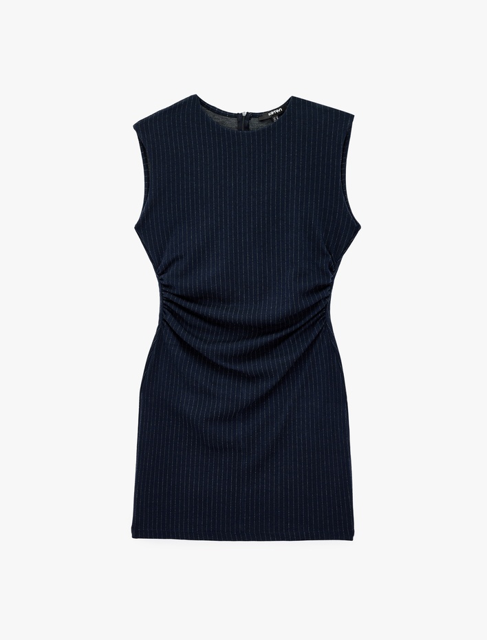  Slim Fit Büzgülü Bisiklet Yaka Kolsuz Çizgili Mini Elbise