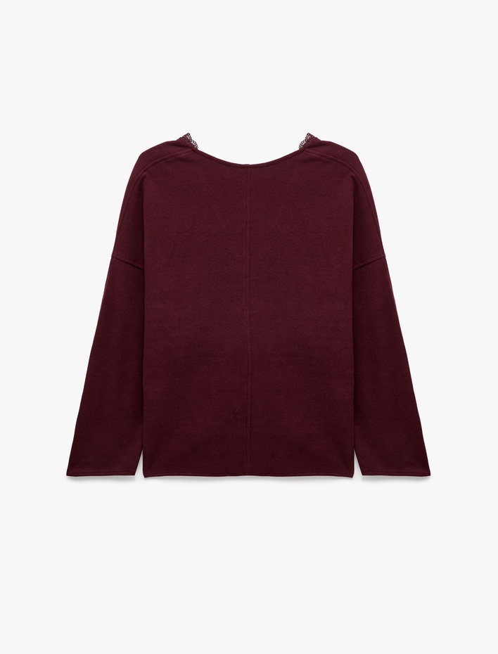  Uzun Kollu Dantel Detaylı V Yaka Sweatshirt