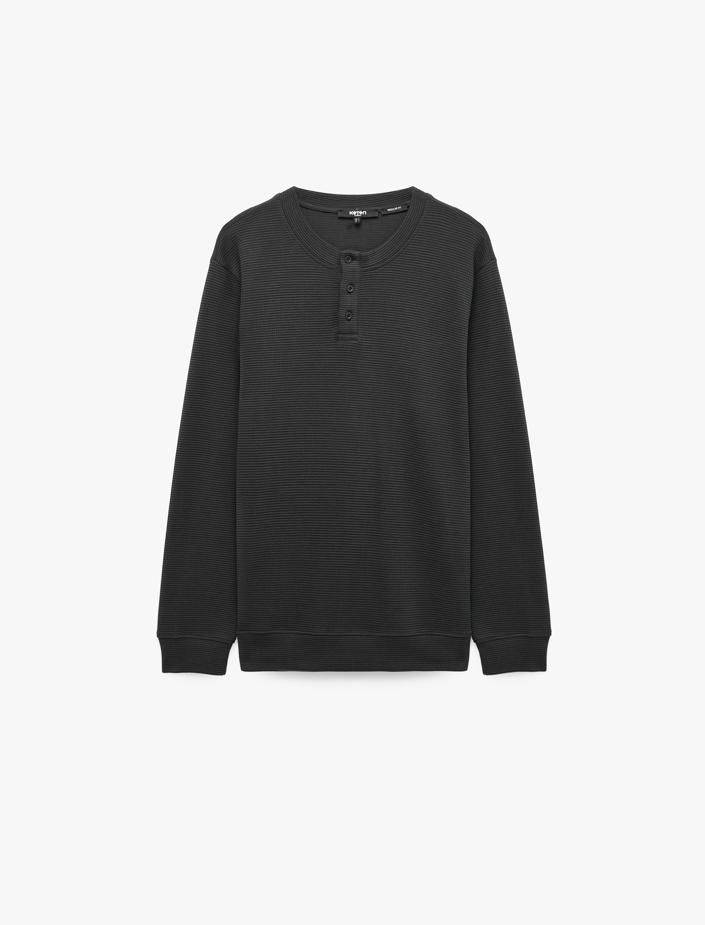  Uzun Kollu Pamuklu Waffle Dokulu Henley Yaka Sweatshirt