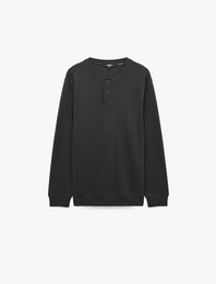 Uzun Kollu Pamuklu Waffle Dokulu Henley Yaka Sweatshirt