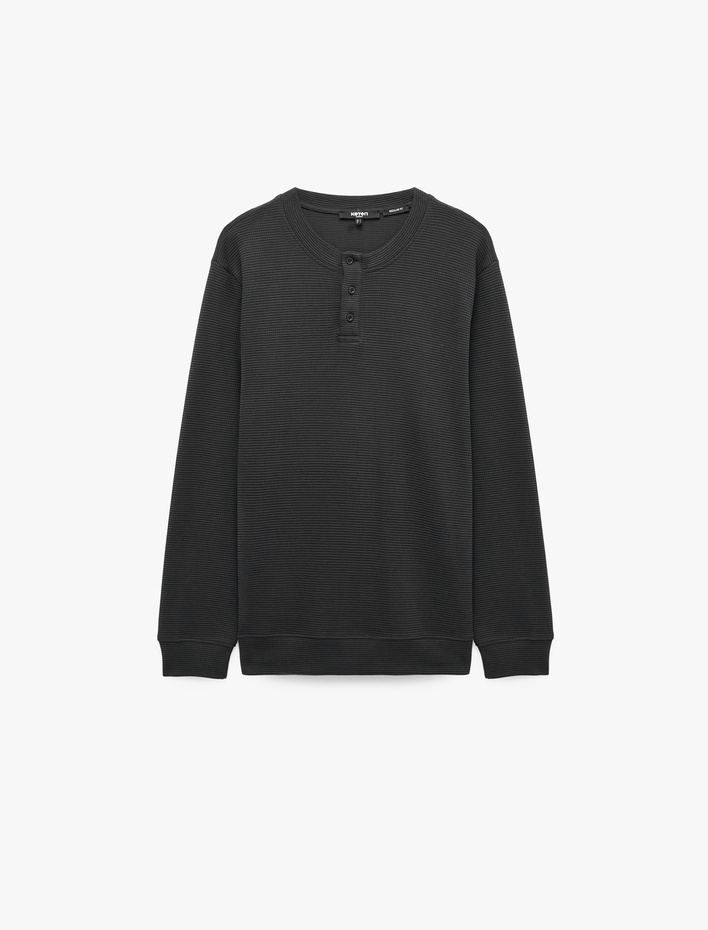  Uzun Kollu Pamuklu Waffle Dokulu Henley Yaka Sweatshirt