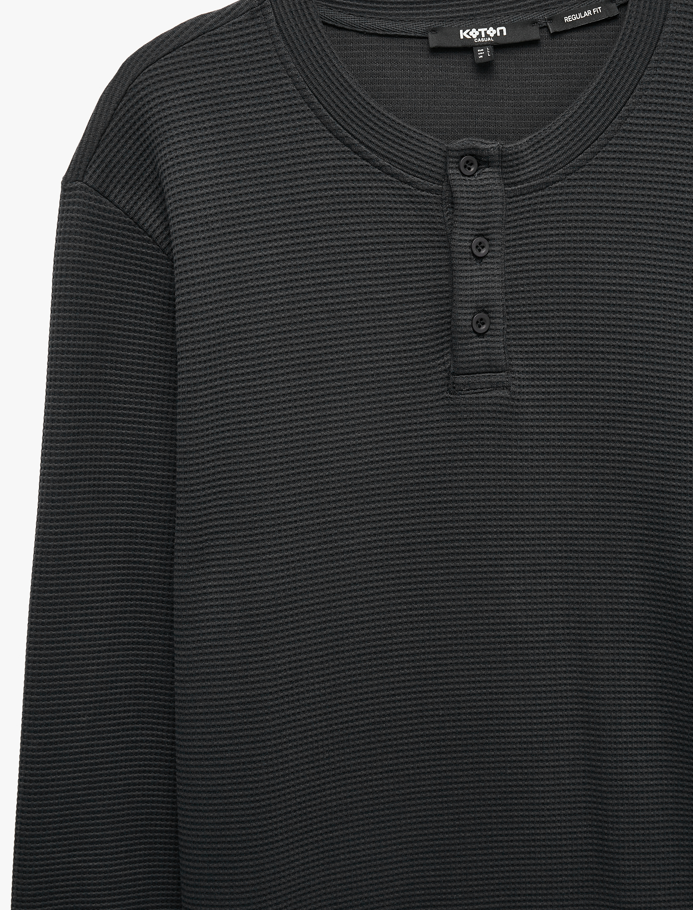   Uzun Kollu Pamuklu Waffle Dokulu Henley Yaka Sweatshirt