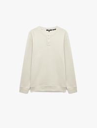 Uzun Kollu Pamuklu Waffle Dokulu Henley Yaka Sweatshirt