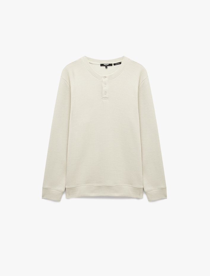  Uzun Kollu Pamuklu Waffle Dokulu Henley Yaka Sweatshirt