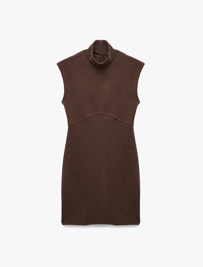  Dikiş Detaylı Fermuar Detaylı Slim Fit Kolsuz Dik Yaka Mini Elbise