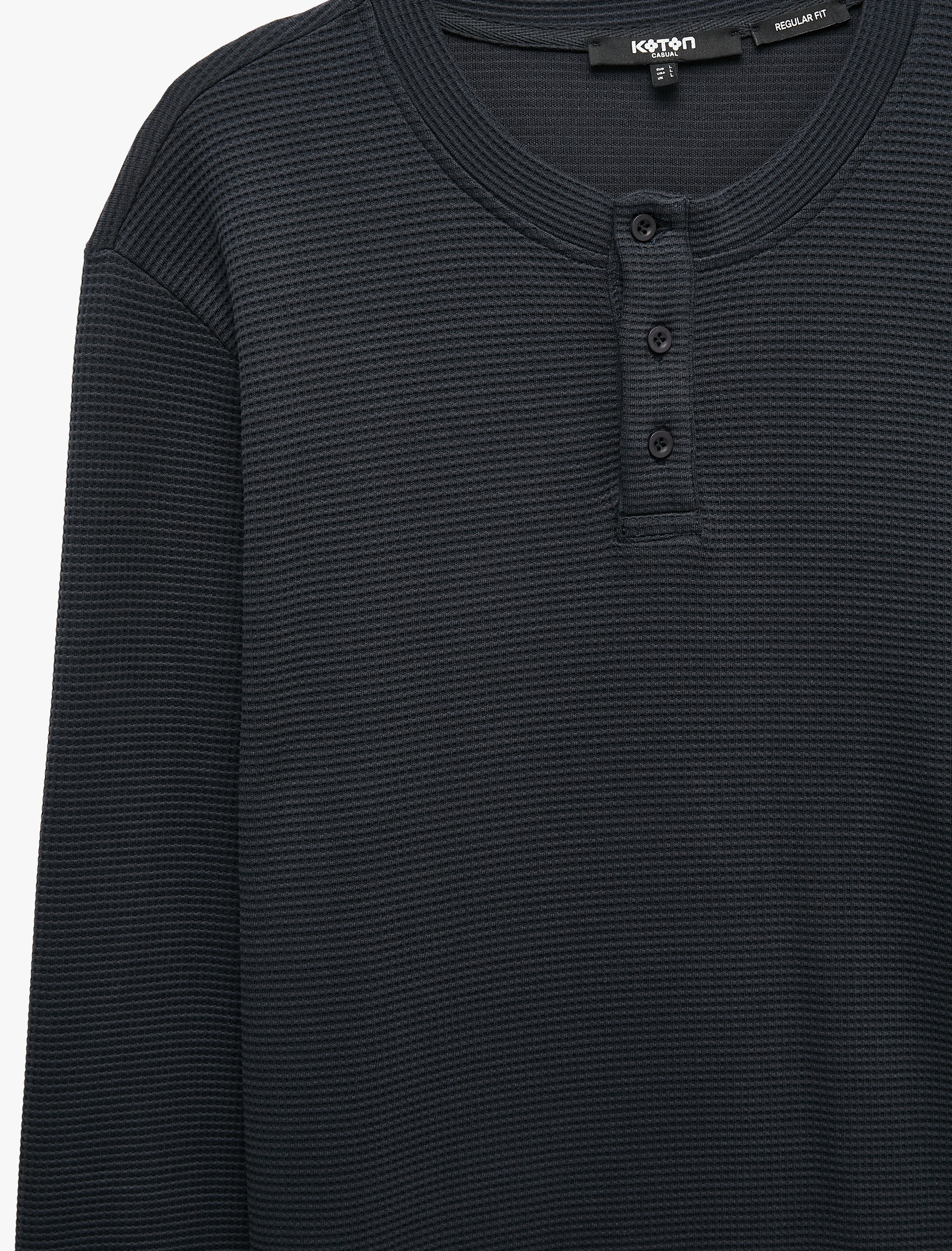   Uzun Kollu Pamuklu Waffle Dokulu Henley Yaka Sweatshirt