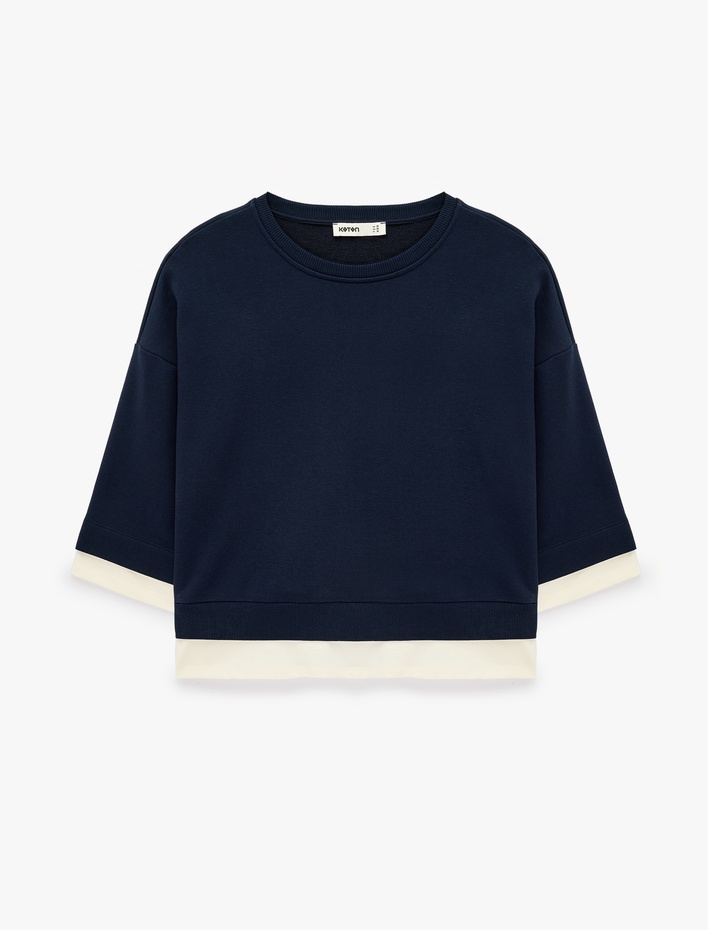  Renk Bloklu Regular Fit Bisiklet Yaka 3/4 Kol Basic Sweatshirt