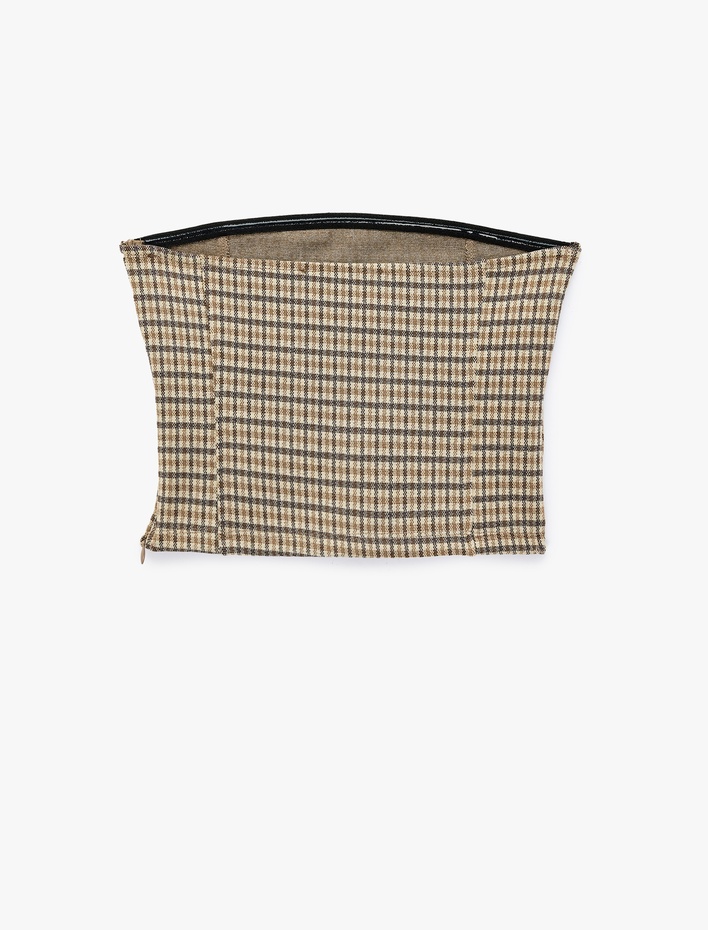  Fermuar Detaylı Slim Fit Ekoseli Straplez Korse Büstiyer