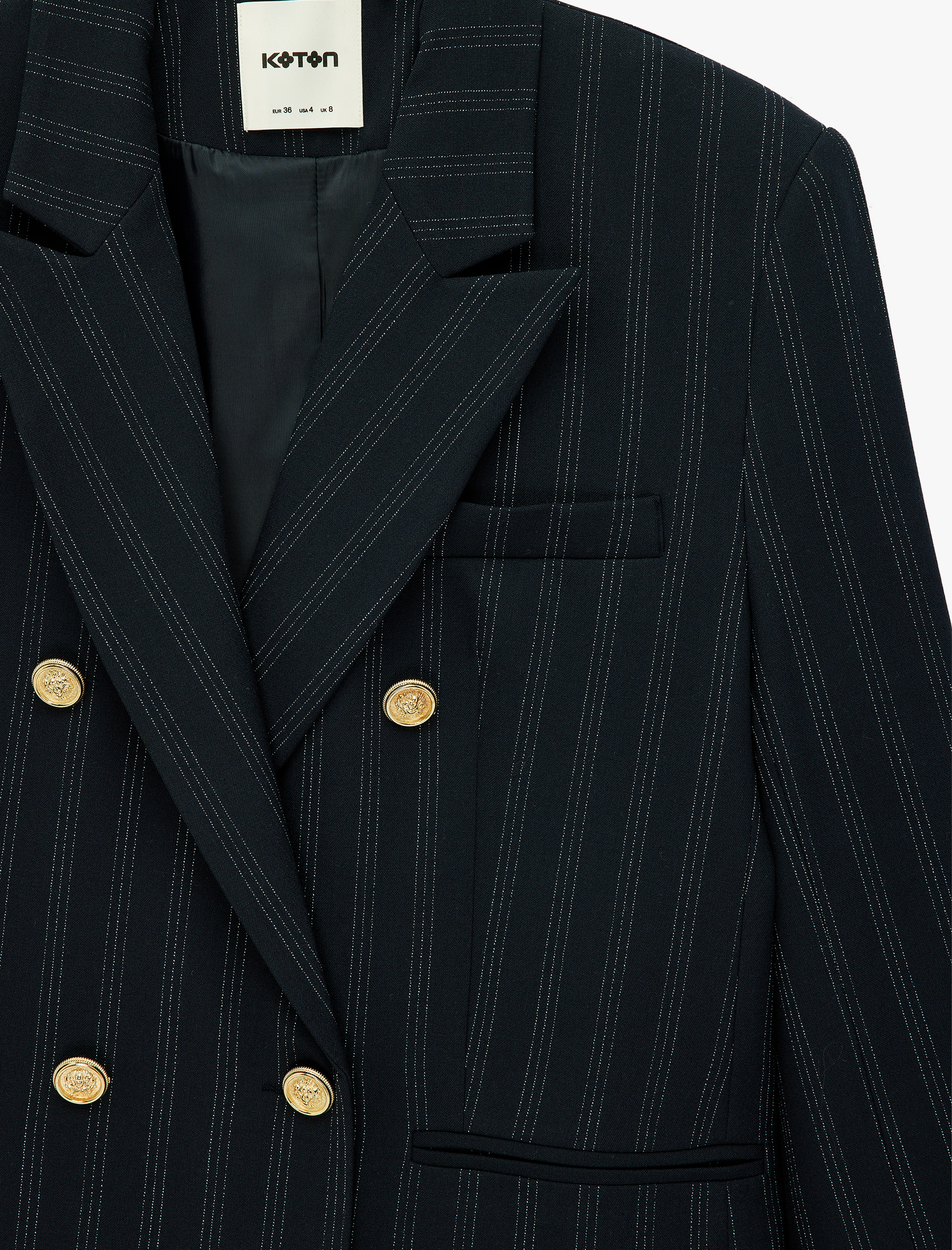   Kruvaze Yaka Uzun Kollu Düğmeli Çift Cepli Çizgili Oversize Blazer Ceket