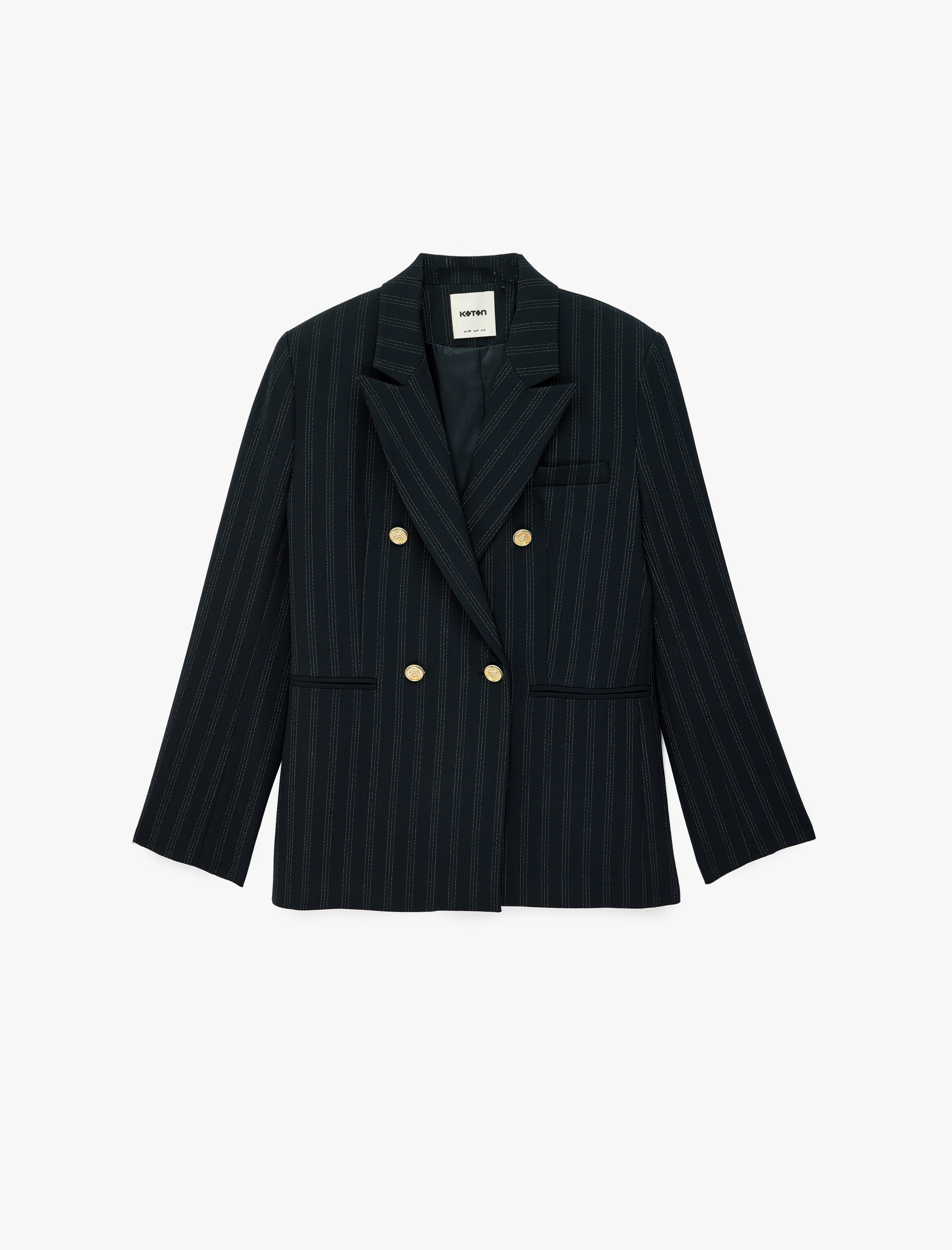   Kruvaze Yaka Uzun Kollu Düğmeli Çift Cepli Çizgili Oversize Blazer Ceket