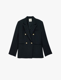 Kruvaze Yaka Uzun Kollu Düğmeli Çift Cepli Çizgili Oversize Blazer Ceket