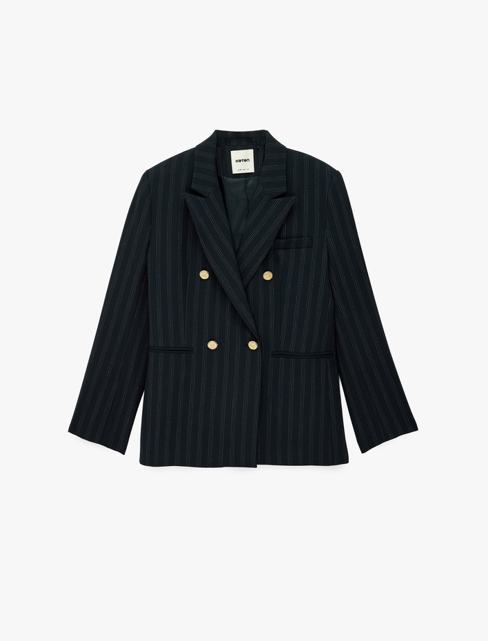  Kruvaze Yaka Uzun Kollu Düğmeli Çift Cepli Çizgili Oversize Blazer Ceket