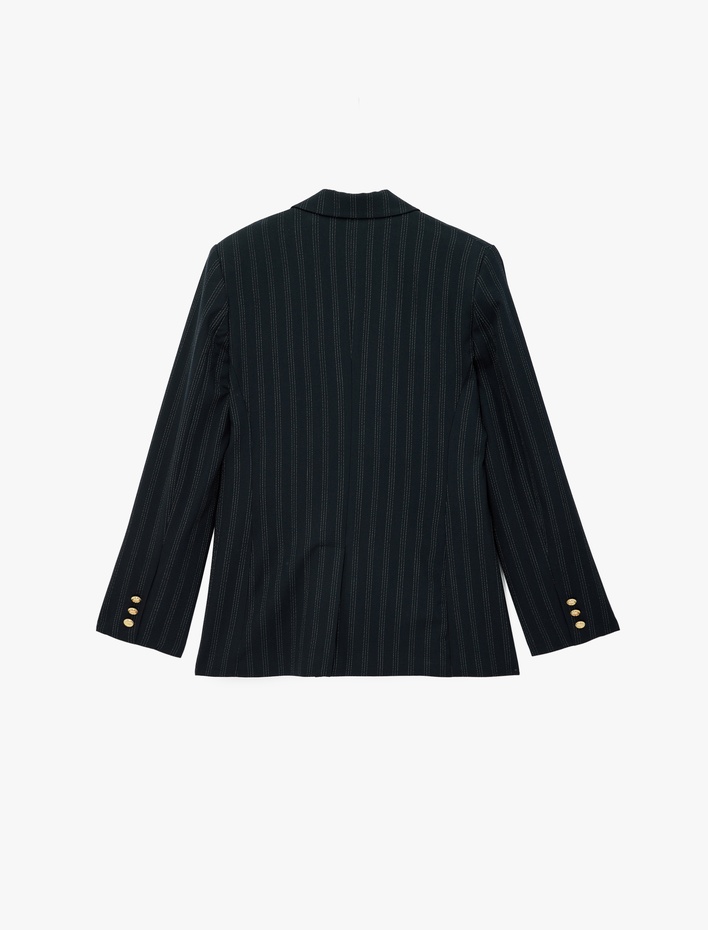 Kruvaze Yaka Uzun Kollu Düğmeli Çift Cepli Çizgili Oversize Blazer Ceket