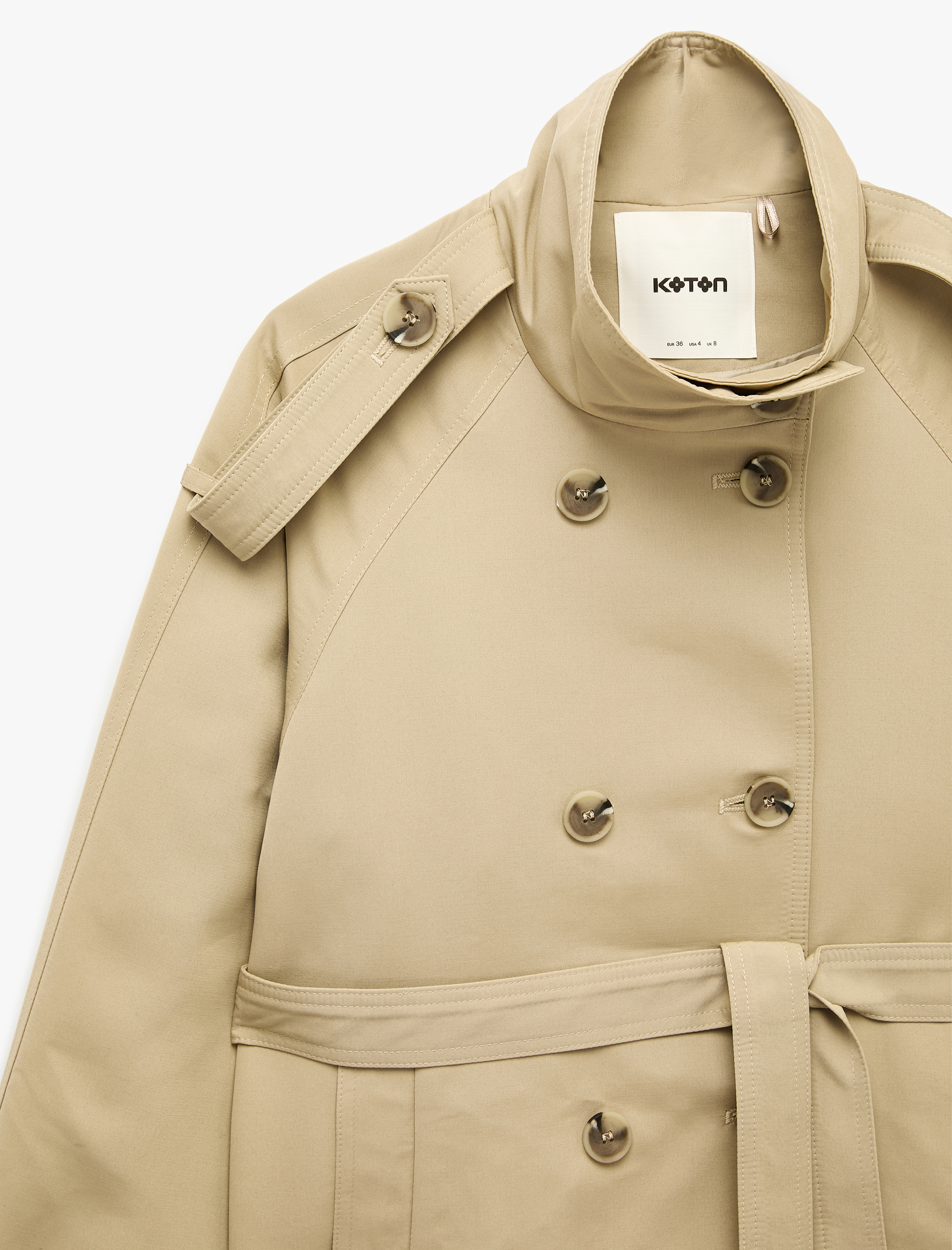   Gabardin Kemerli Cepli Dik Yaka Reglan Kollu Kruvaze Trençkot