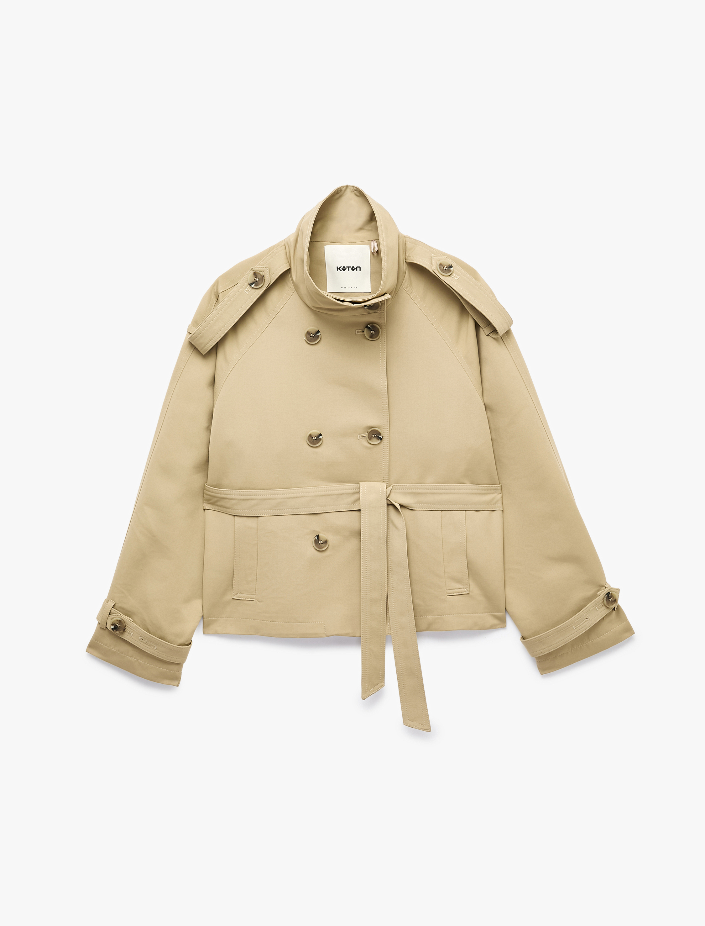   Gabardin Kemerli Cepli Dik Yaka Reglan Kollu Kruvaze Trençkot