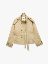 Gabardin Kemerli Cepli Dik Yaka Reglan Kollu Kruvaze Trençkot