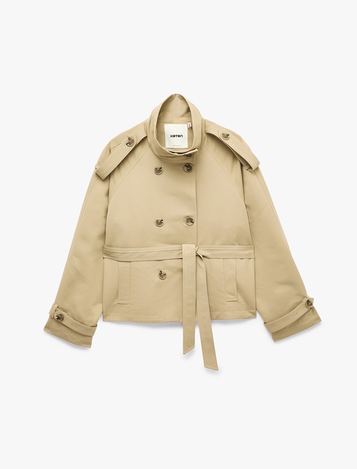  Gabardin Kemerli Cepli Dik Yaka Reglan Kollu Kruvaze Trençkot