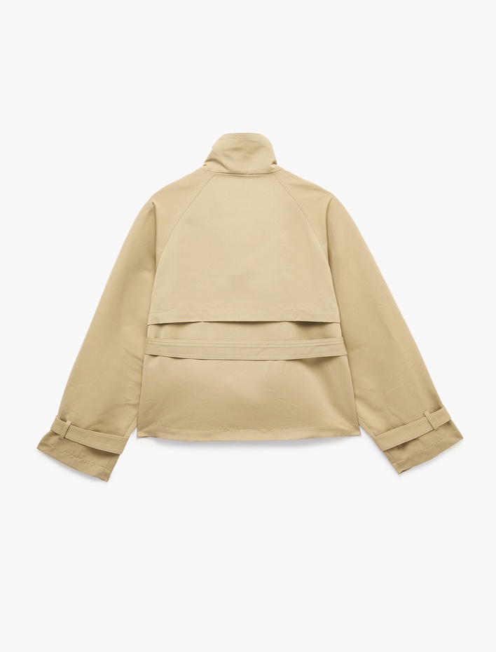  Gabardin Kemerli Cepli Dik Yaka Reglan Kollu Kruvaze Trençkot