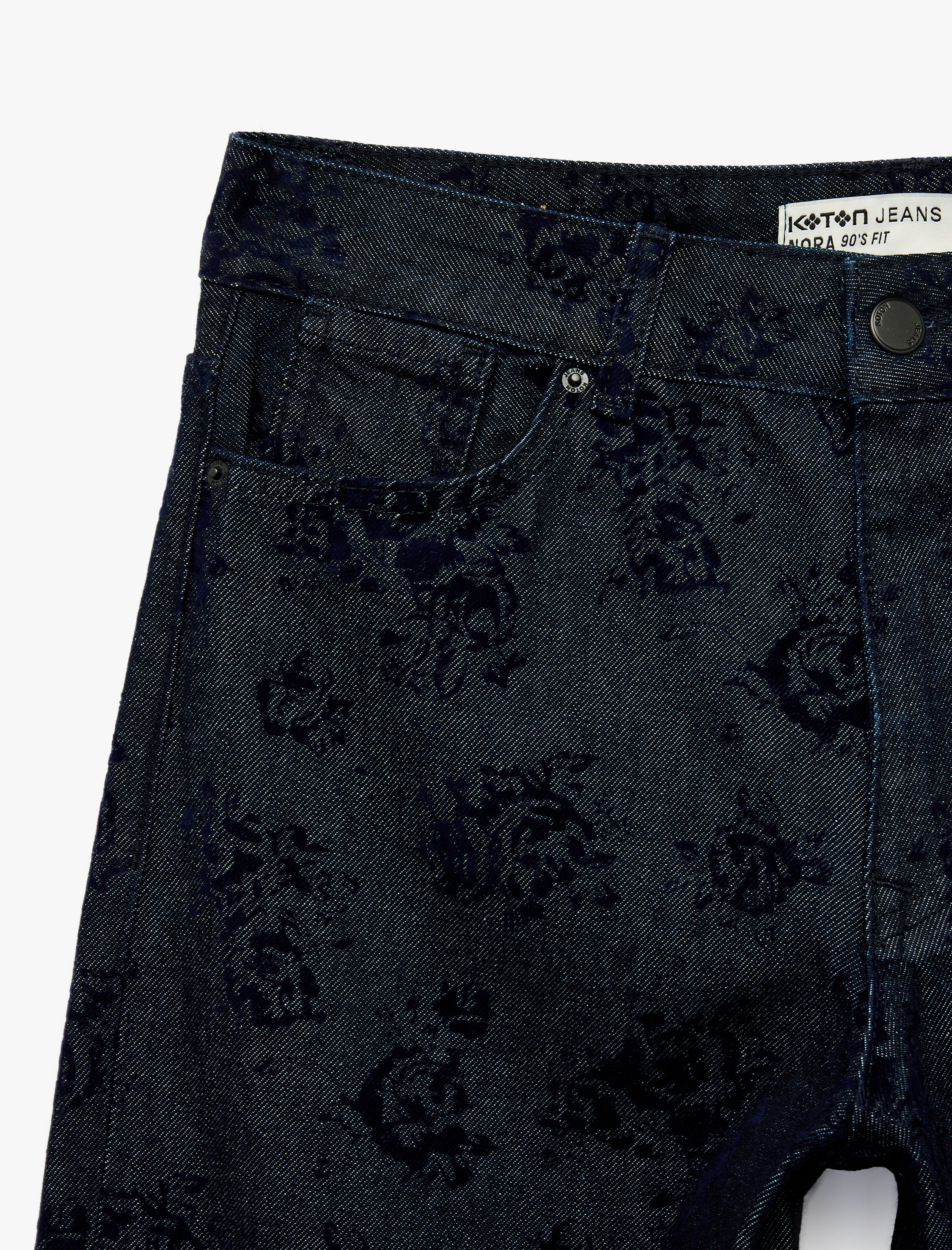   Düz Paça Cepli Normal Bel Pamuklu Çiçek Baskılı Denim Pantolon - Straight Fit Jean