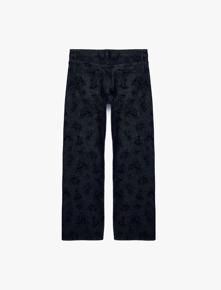  Düz Paça Cepli Normal Bel Pamuklu Çiçek Baskılı Denim Pantolon - Straight Fit Jean
