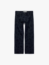 Düz Paça Cepli Normal Bel Pamuklu Çiçek Baskılı Denim Pantolon - Straight Fit Jean