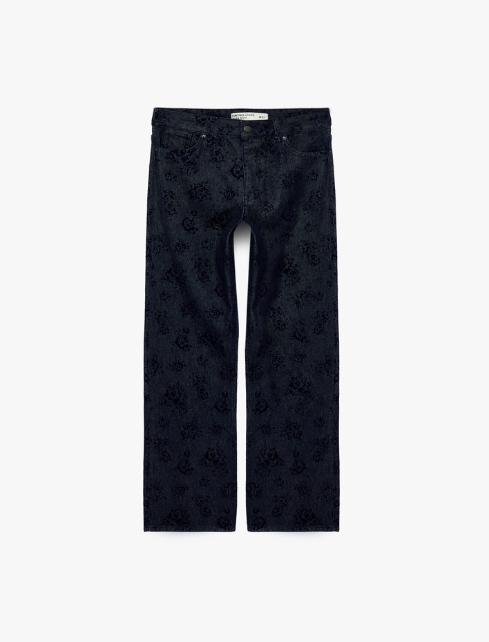  Düz Paça Cepli Normal Bel Pamuklu Çiçek Baskılı Denim Pantolon - Straight Fit Jean