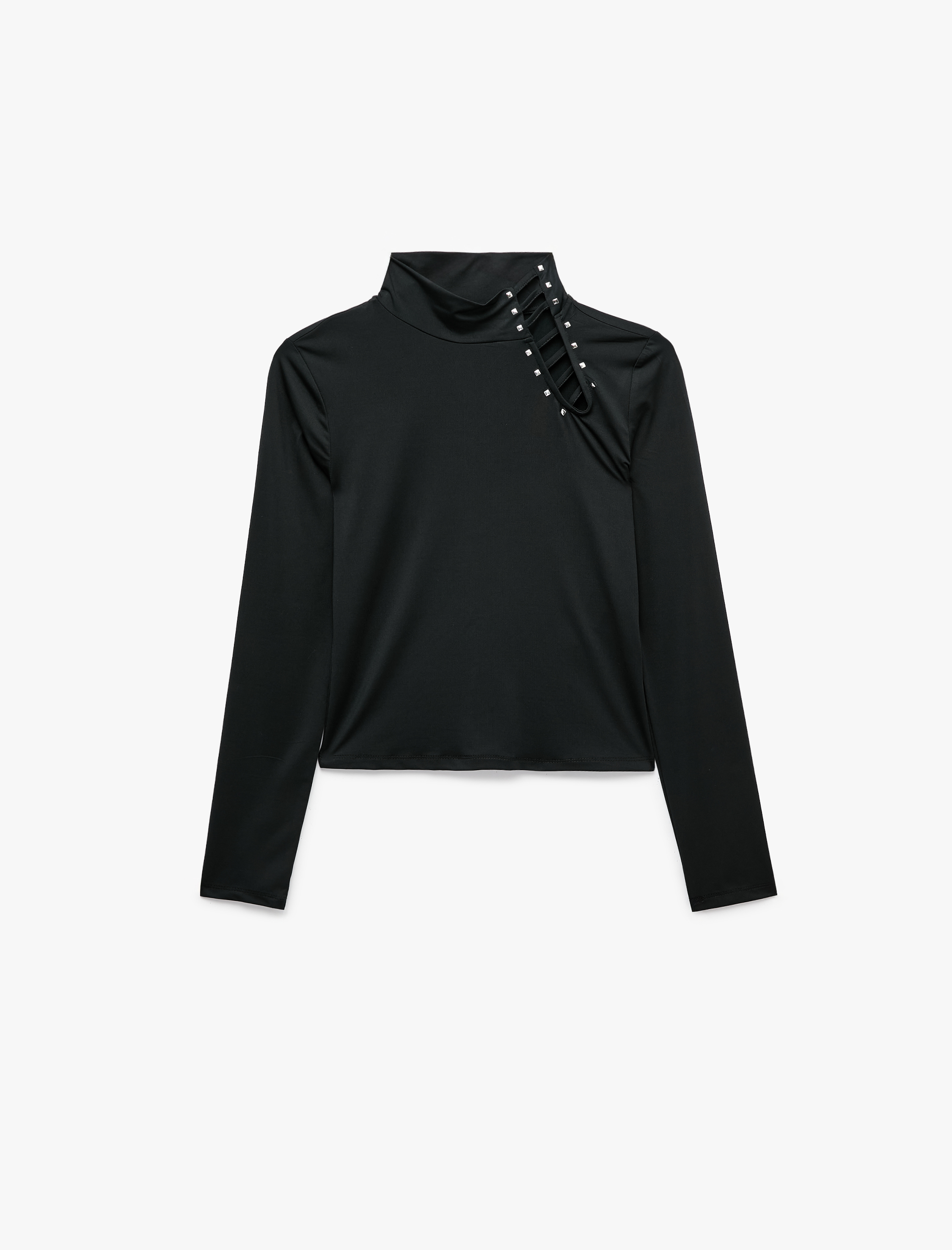   Slim Fit Metal Aksesuarlı Pencere Detaylı Dik Yaka Uzun Kollu Tişört