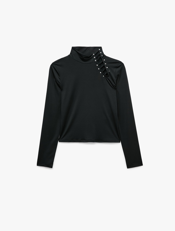  Slim Fit Metal Aksesuarlı Pencere Detaylı Dik Yaka Uzun Kollu Tişört