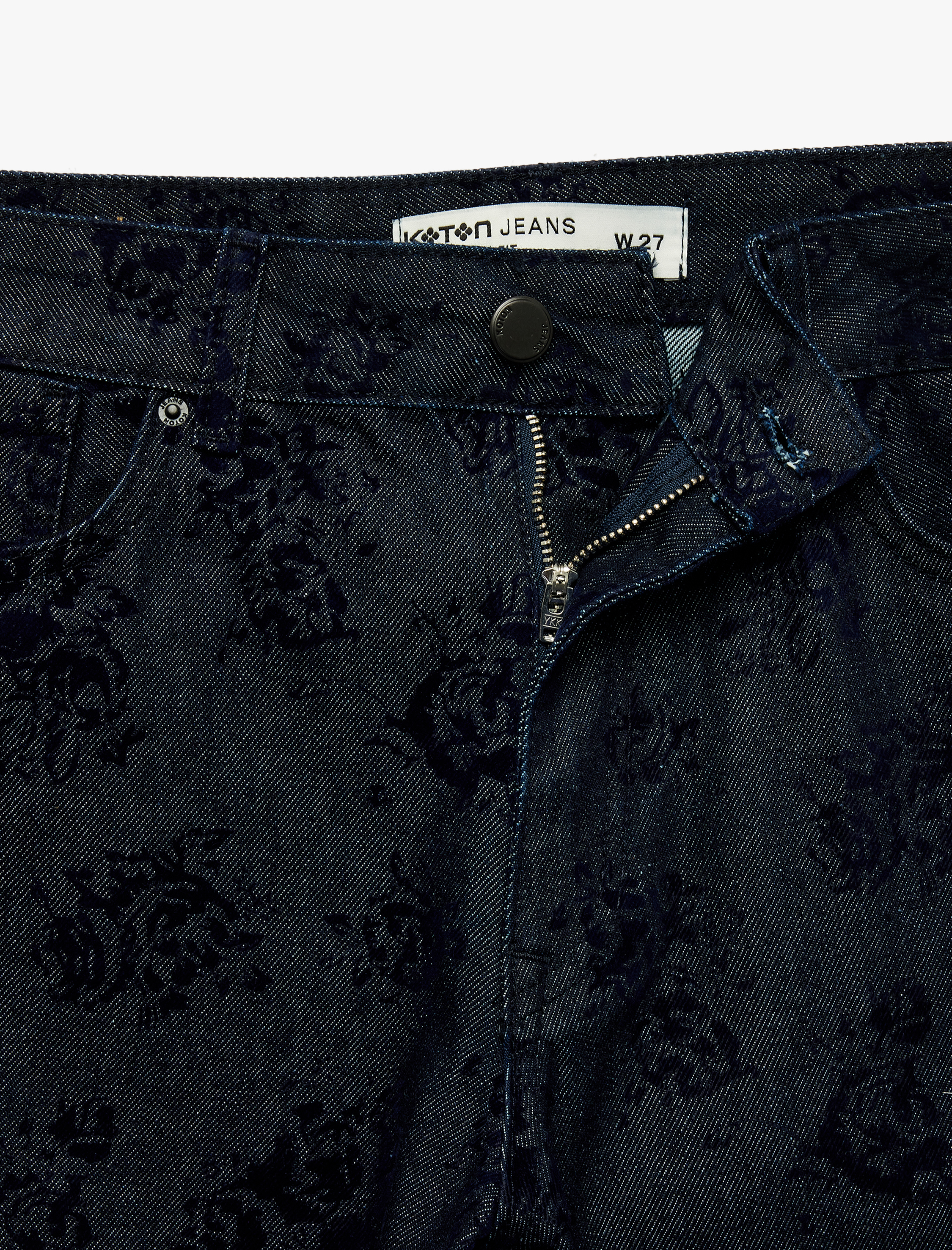   Düz Paça Cepli Normal Bel Pamuklu Çiçek Baskılı Denim Pantolon - Straight Fit Jean