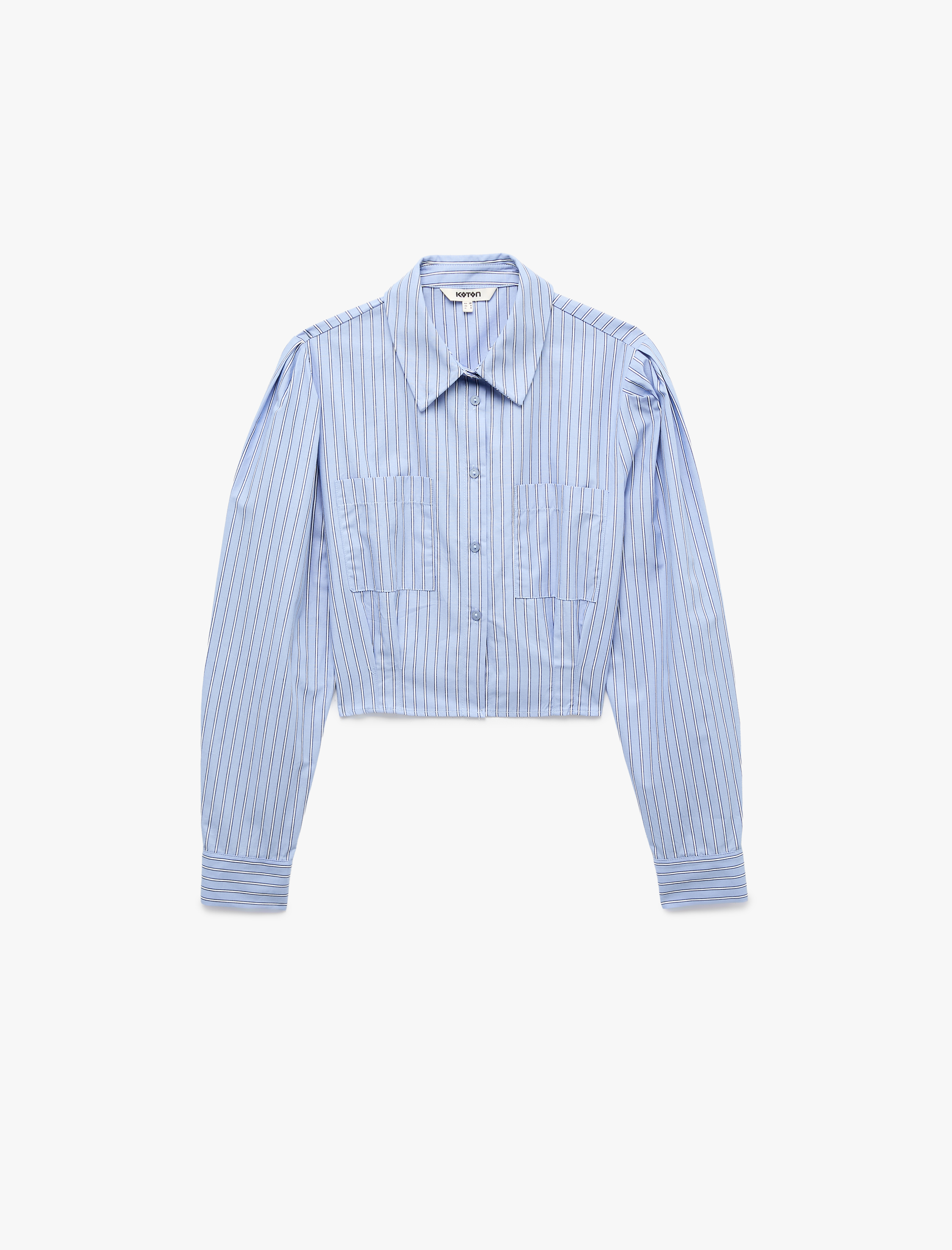   Pamuklu Regular Fit Pileli Cepli Uzun Kollu Klasik Yaka Çizgili Crop Gömlek