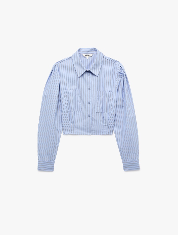  Pamuklu Regular Fit Pileli Cepli Uzun Kollu Klasik Yaka Çizgili Crop Gömlek