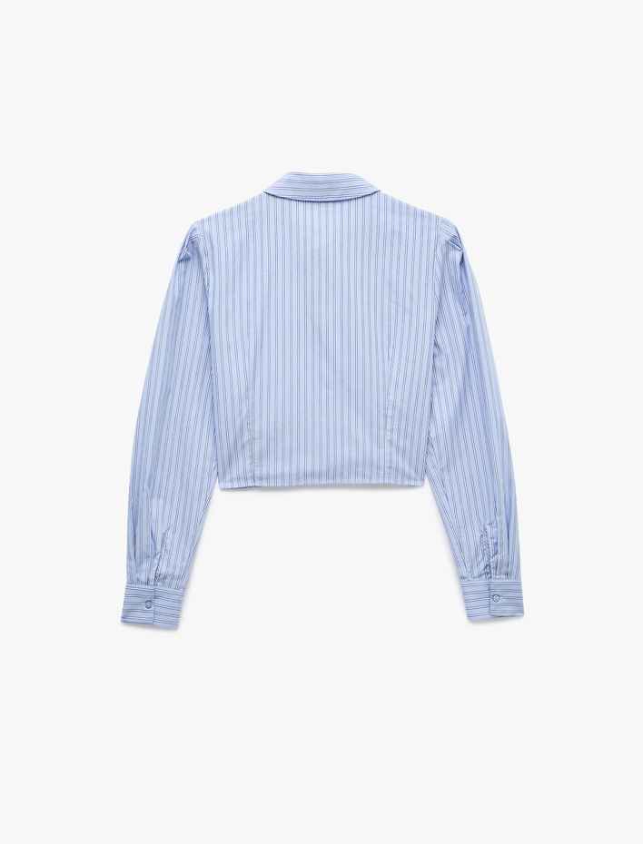  Pamuklu Regular Fit Pileli Cepli Uzun Kollu Klasik Yaka Çizgili Crop Gömlek