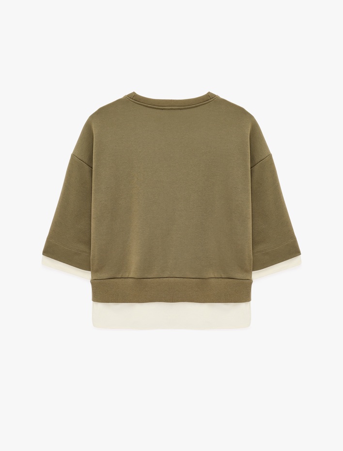  Renk Bloklu Regular Fit Bisiklet Yaka 3/4 Kol Basic Sweatshirt