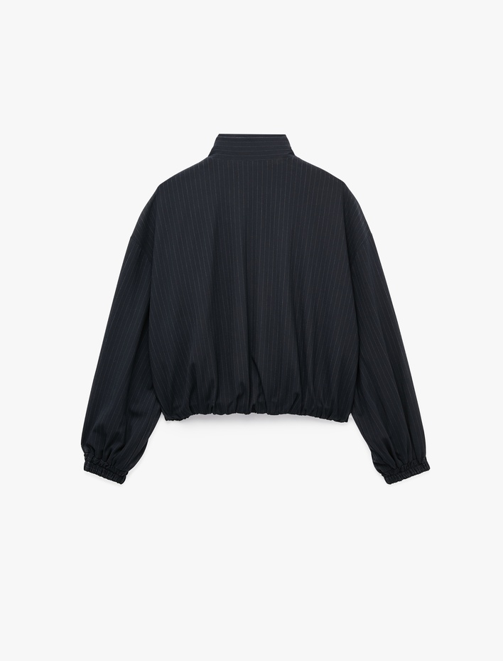  Çizgili Dik Yaka Uzun Kollu Fermuarlı Oversize Bomber Ceket