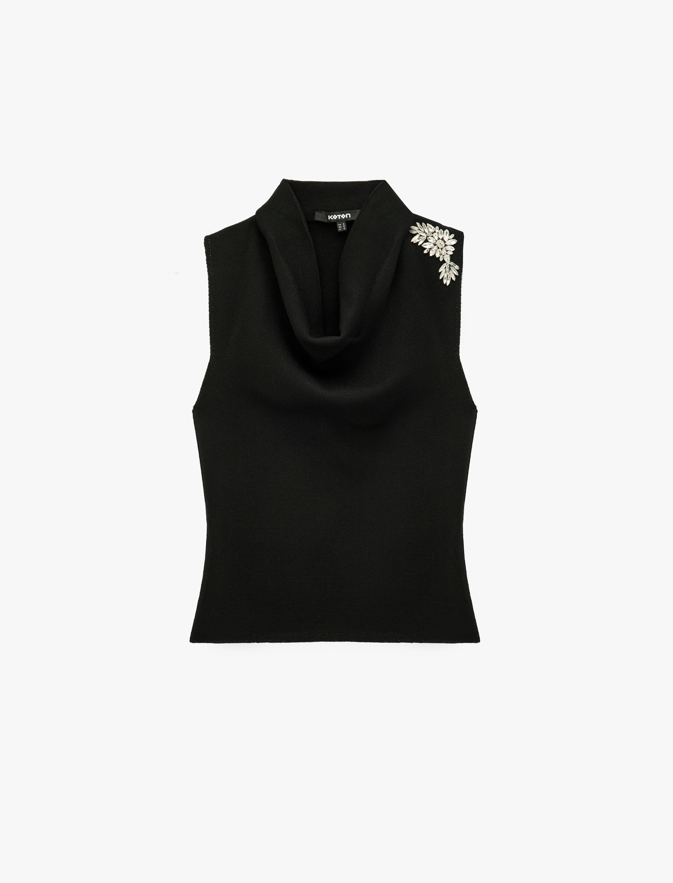   Taş Detaylı Regular Fit Viskon Karışımlı Dik Yaka Kolsuz Triko Bluz