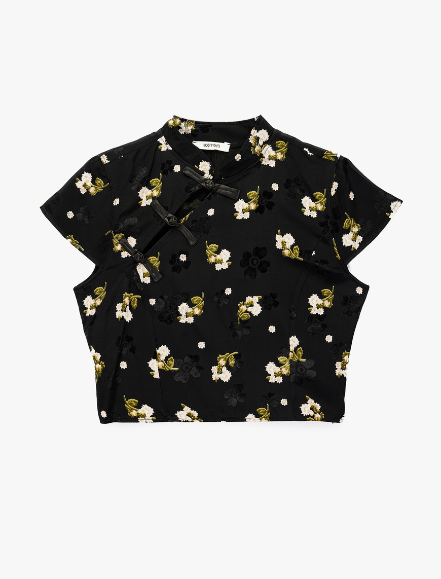 Siyah Kadın Süslü Düğmeli Kısa Kollu Çiçek Desenli Dik Qipao Yaka