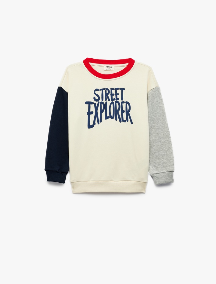 Erkek Çocuk Renk Bloklu Uzun Kollu Bisiklet Yaka Baskılı Sweatshirt