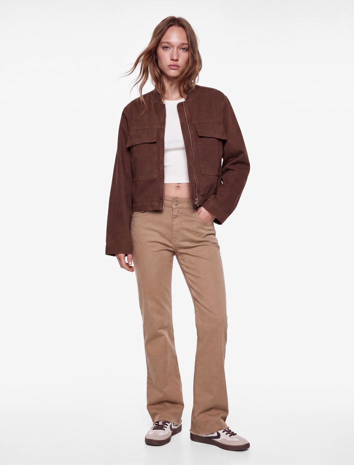  Pamuklu Dar Kalıp Düğmeli Cepli İspanyol Paça Crop Jean Pantolon -  Kick Flare Jeans
