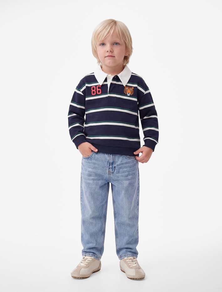 Erkek Bebek Kaplan Baskılı Uzun Kollu Çizgili Polo Yaka Sweatshirt