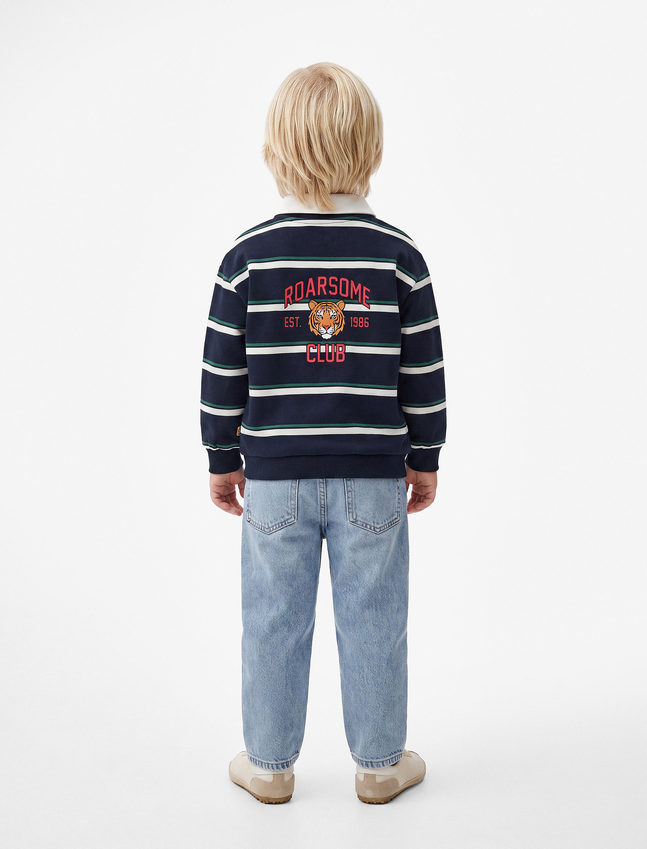  Erkek Bebek Kaplan Baskılı Uzun Kollu Çizgili Polo Yaka Sweatshirt