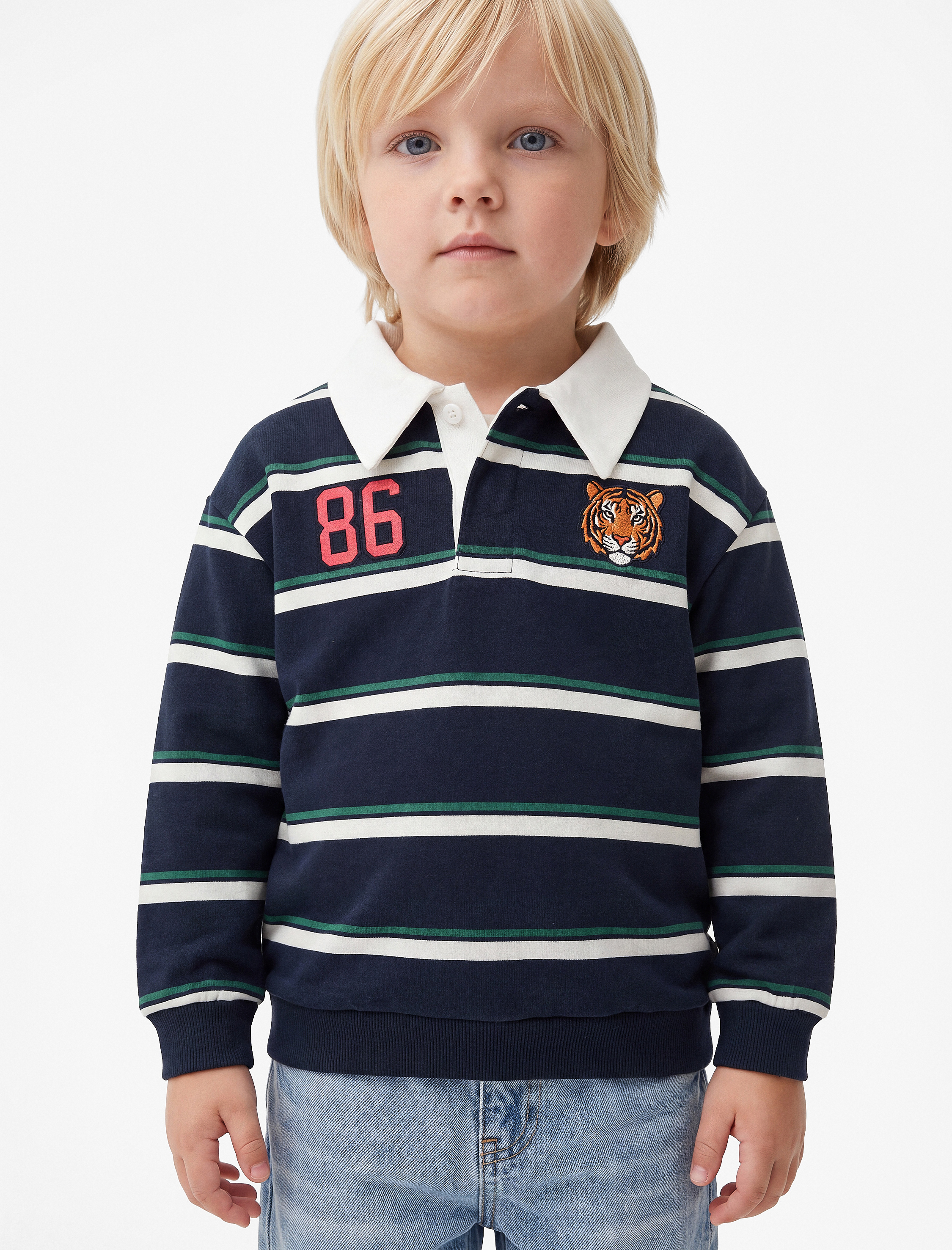  Erkek Bebek Kaplan Baskılı Uzun Kollu Çizgili Polo Yaka Sweatshirt