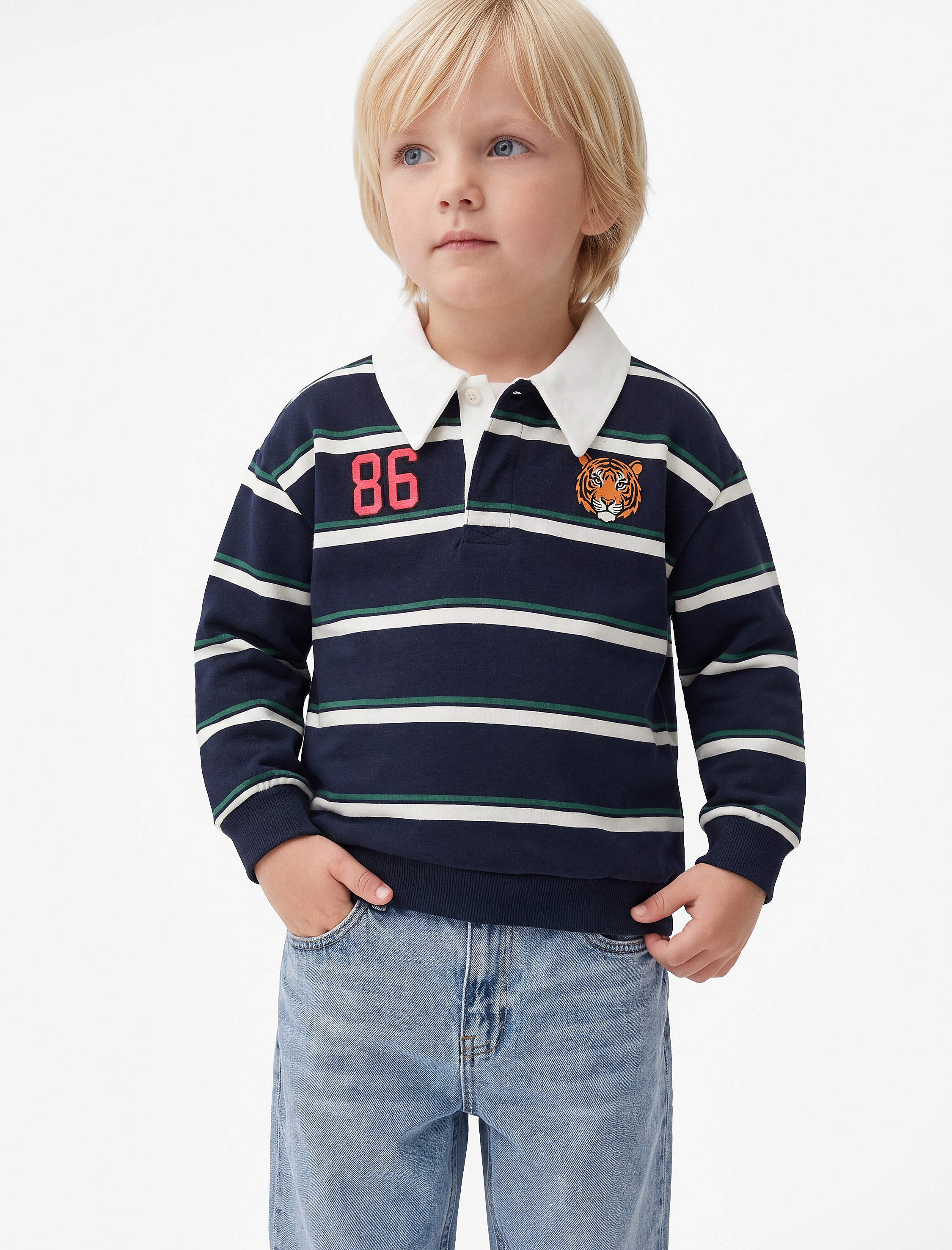  Erkek Bebek Kaplan Baskılı Uzun Kollu Çizgili Polo Yaka Sweatshirt