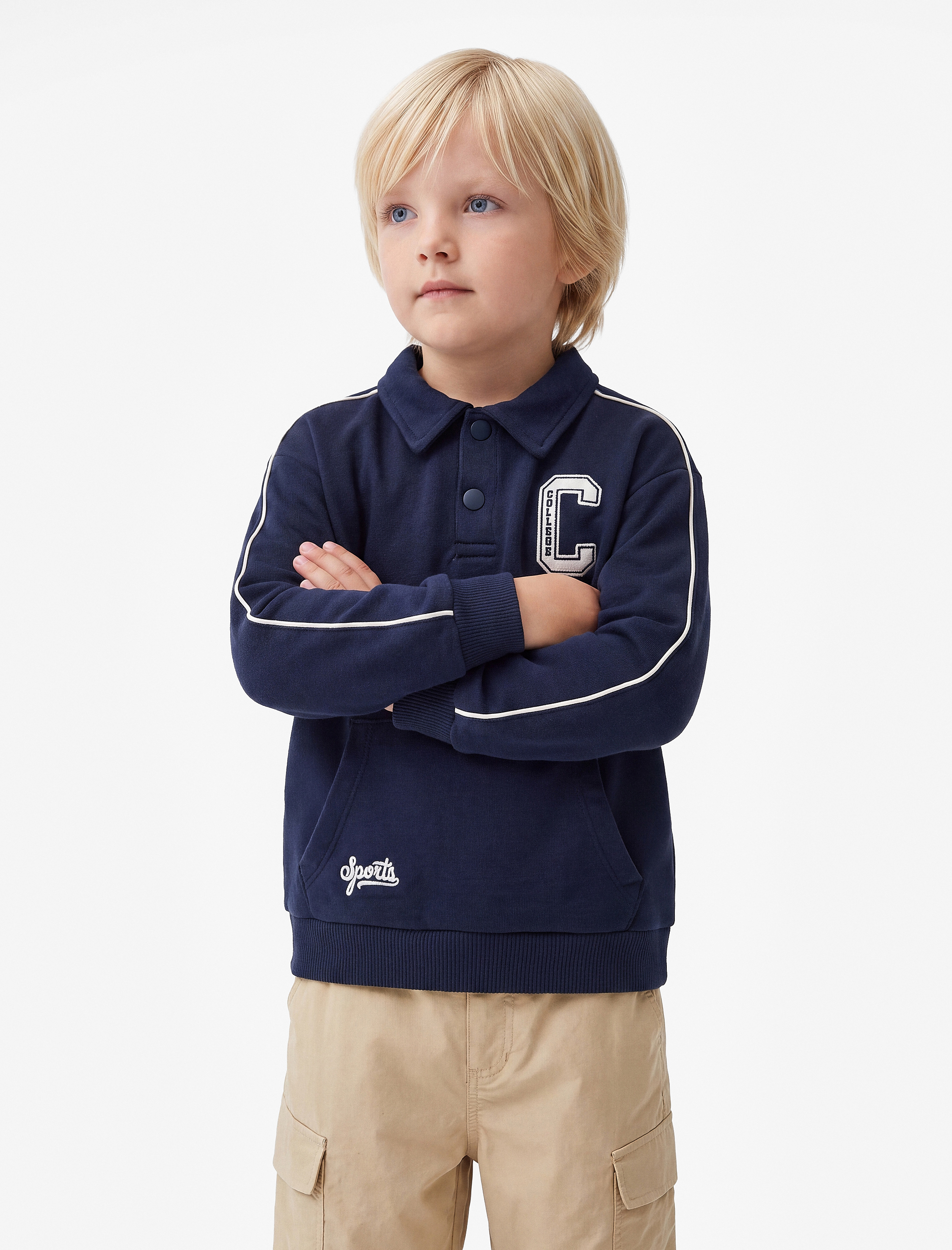  Erkek Bebek Uzun Kollu Kanguru Cepli Nakış Detaylı Oversize Polo Yaka Sweatshirt