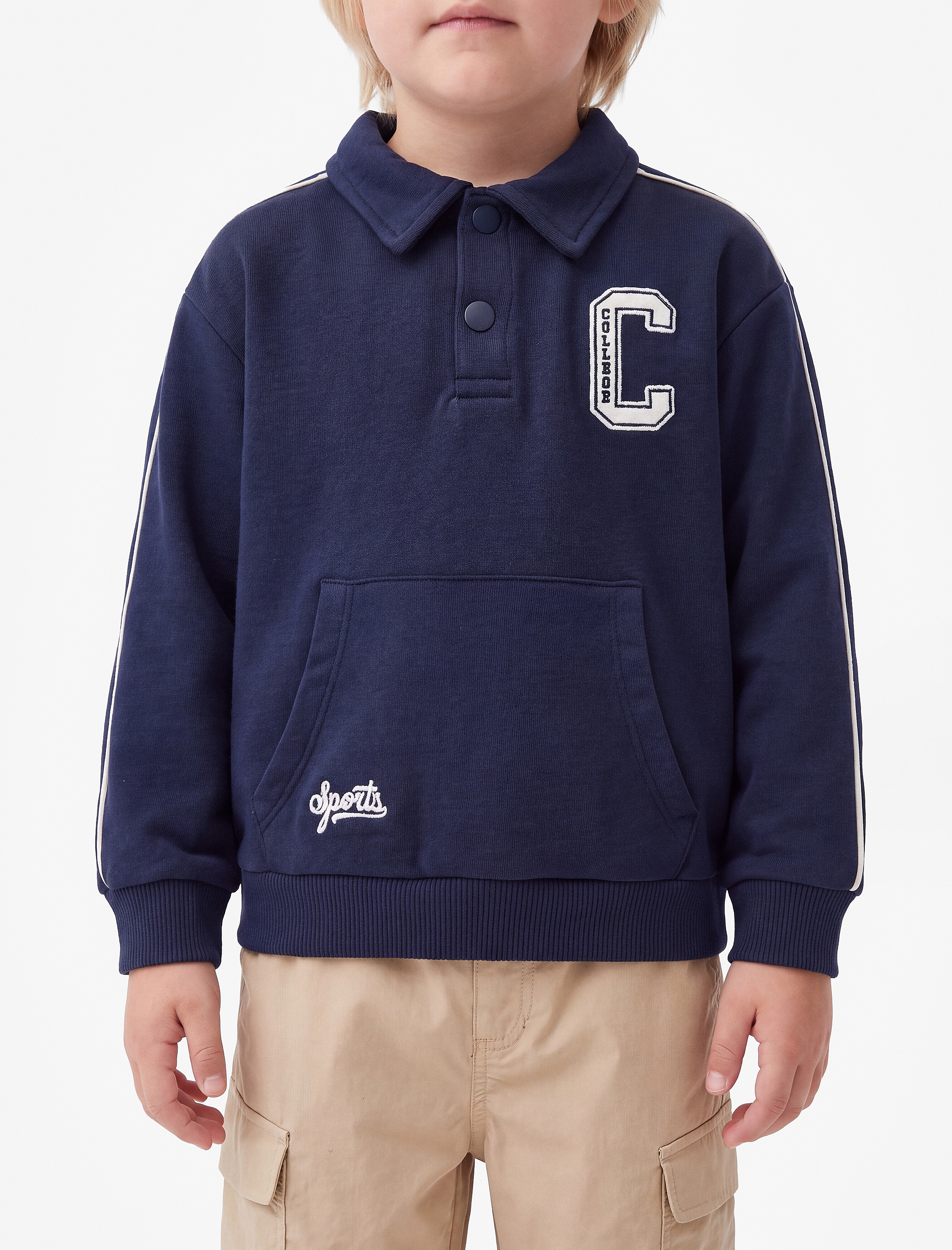  Erkek Bebek Uzun Kollu Kanguru Cepli Nakış Detaylı Oversize Polo Yaka Sweatshirt