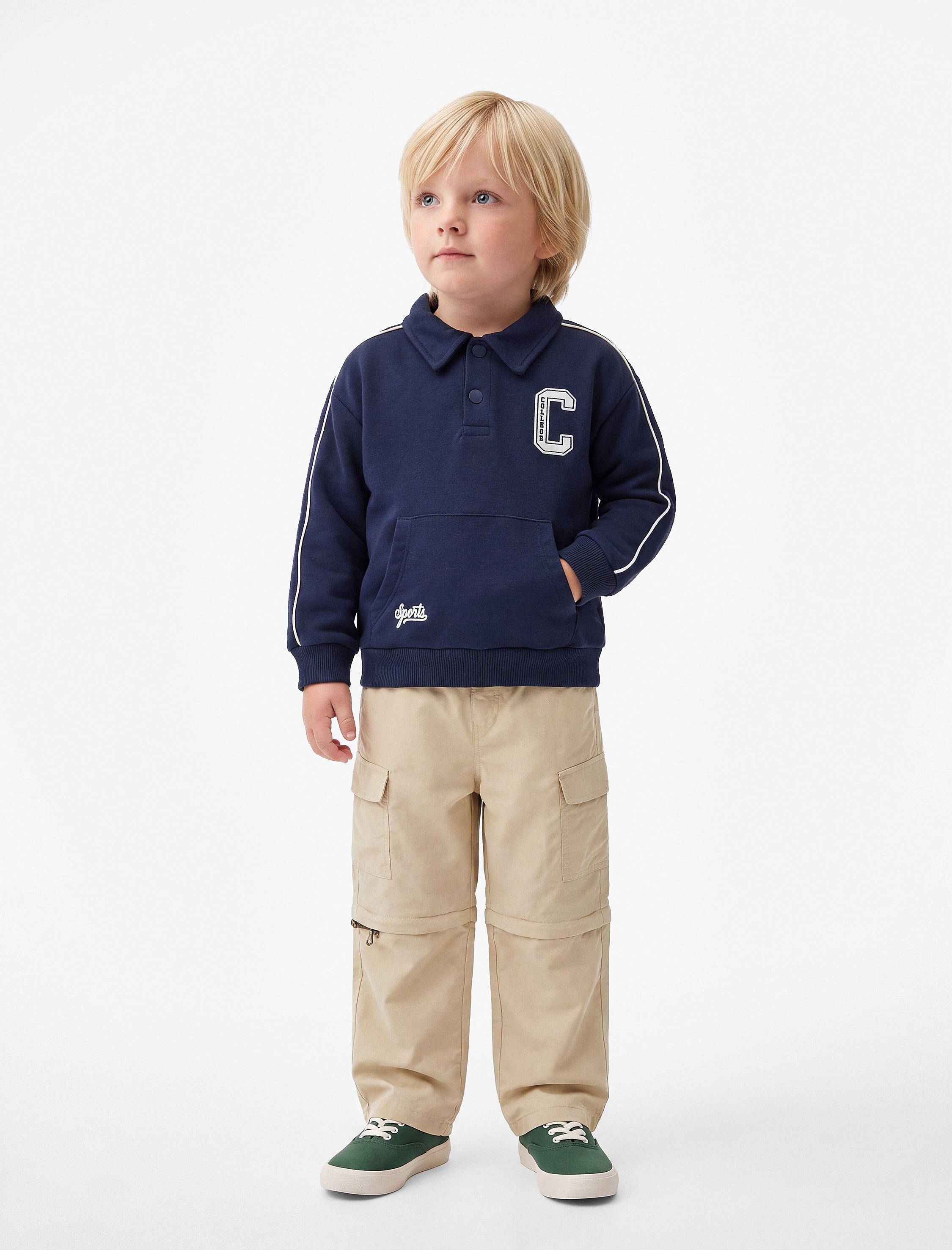 Erkek Bebek Uzun Kollu Kanguru Cepli Nakış Detaylı Oversize Polo Yaka Sweatshirt