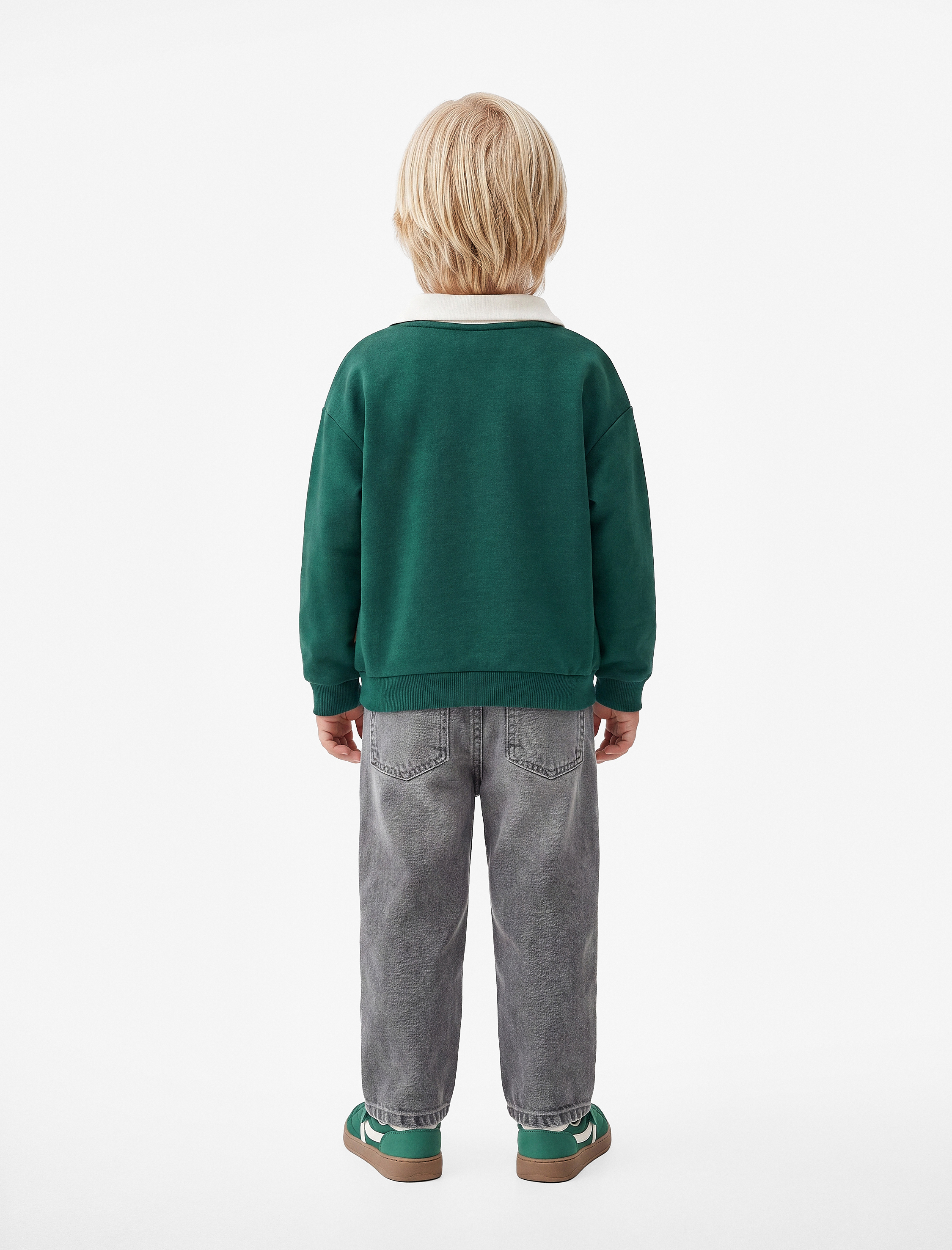  Erkek Bebek Uzun Kollu Baskılı Pamuklu Oversize Polo Yaka Sweatshirt